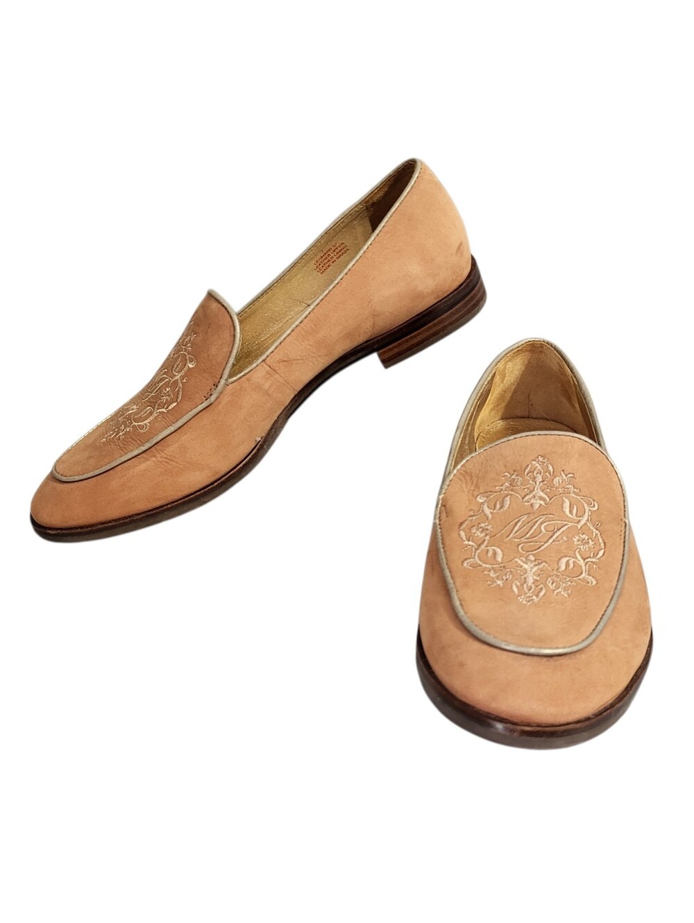 Marc Joseph Leonard St Smoking Loafers Women Sz 7 Tan Nubuck Leather Embroidered